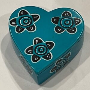 Blue heart-shaped soapstone box with black flowers