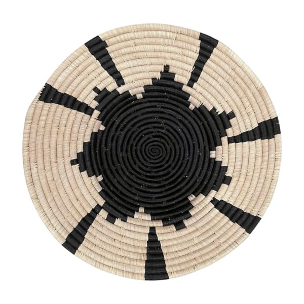 Natural and Black Raffia Decor Mat with Flower Design - 22 Inches