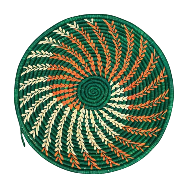 Green, Orange and Natural Raffia Bowl with Swirl Design - 12 Inches