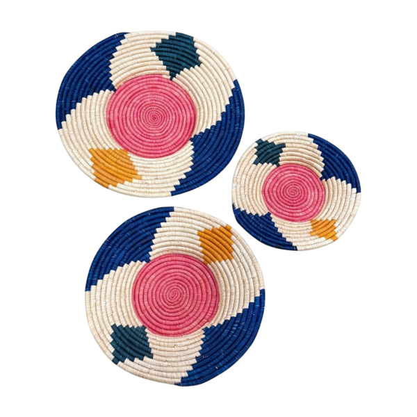 Natural, Blue and Pink Raffia Wall Decor Plate Mat Set -21”,18”,14”