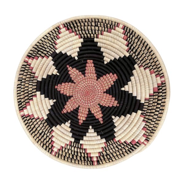 Natural, Pink and Black Raffia Decor Mat with Kaleidoscope Design - 22 Inches